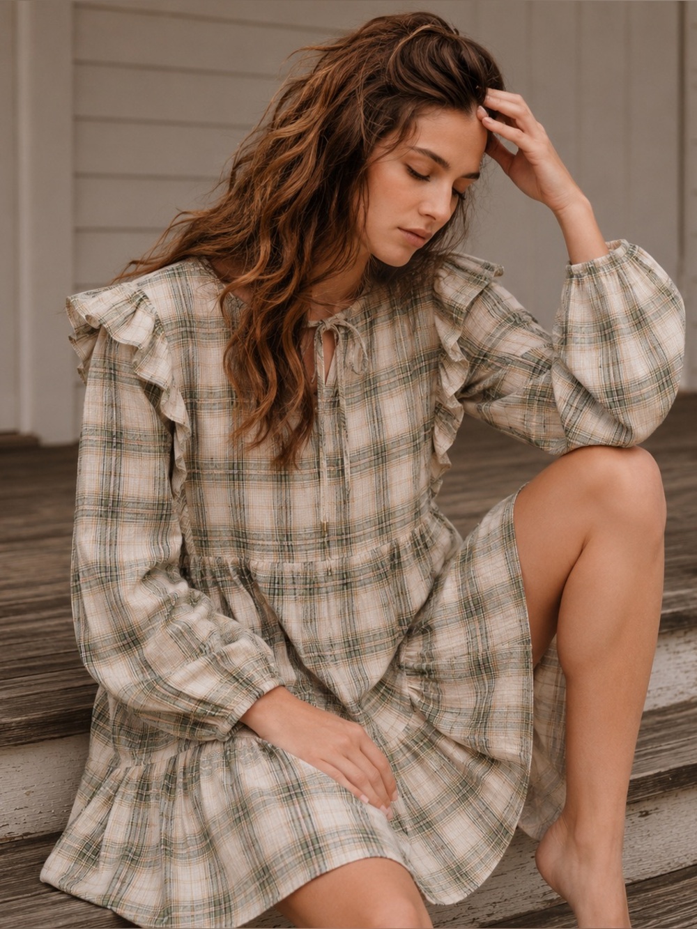 Ephemera XS Green Cream Plaid Cottagecore Prairie Mini Dress Cotton Blend Boho